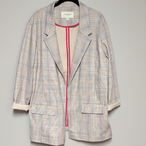 Liverpool Jeans Company Women's Plaid Blazer in Gray and Pink - Picture 1 of 6